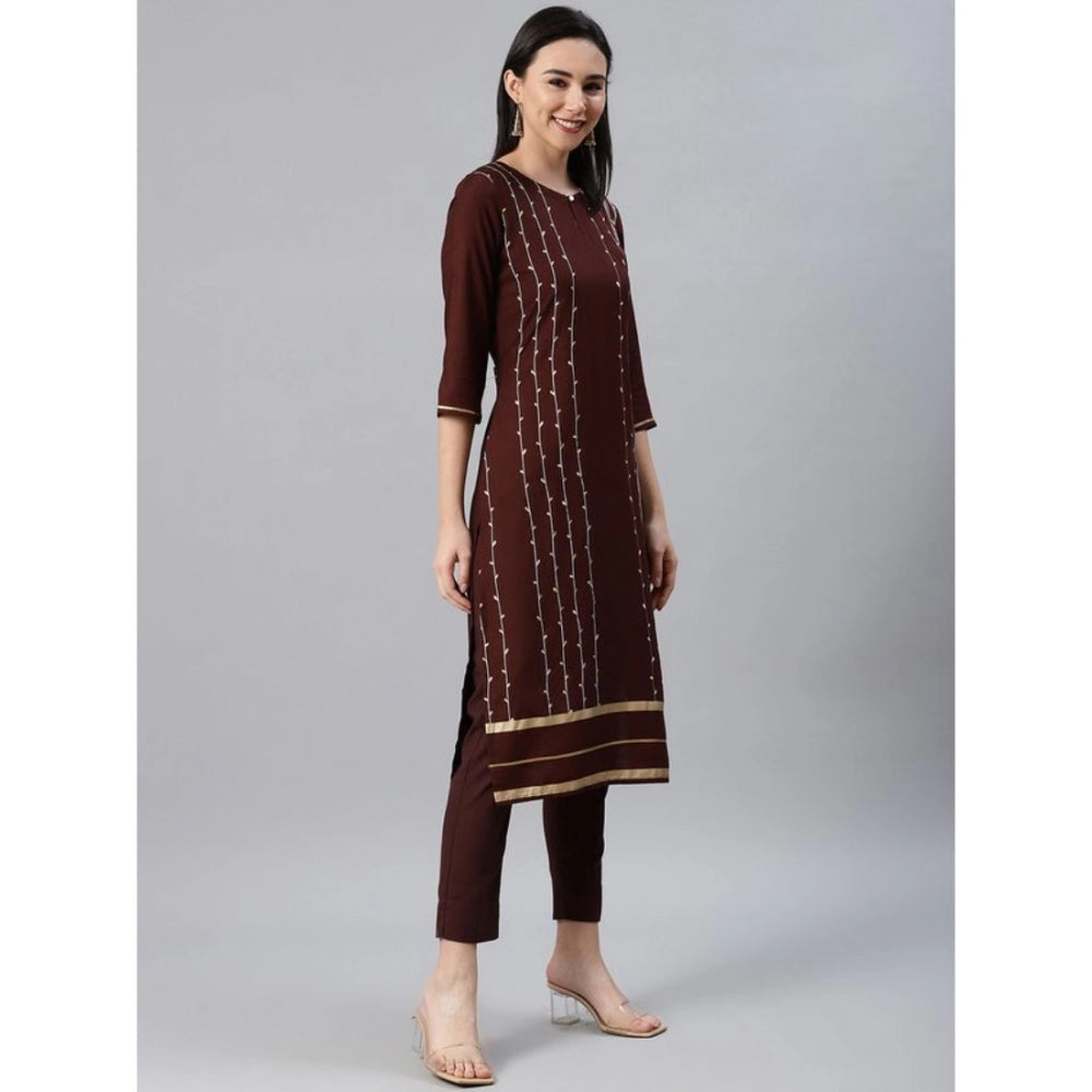 Shopper Beast Women's Casual 3-4Th Sleeve Ethnic Motifs Rayon Kurti And Pant Set (Brown)