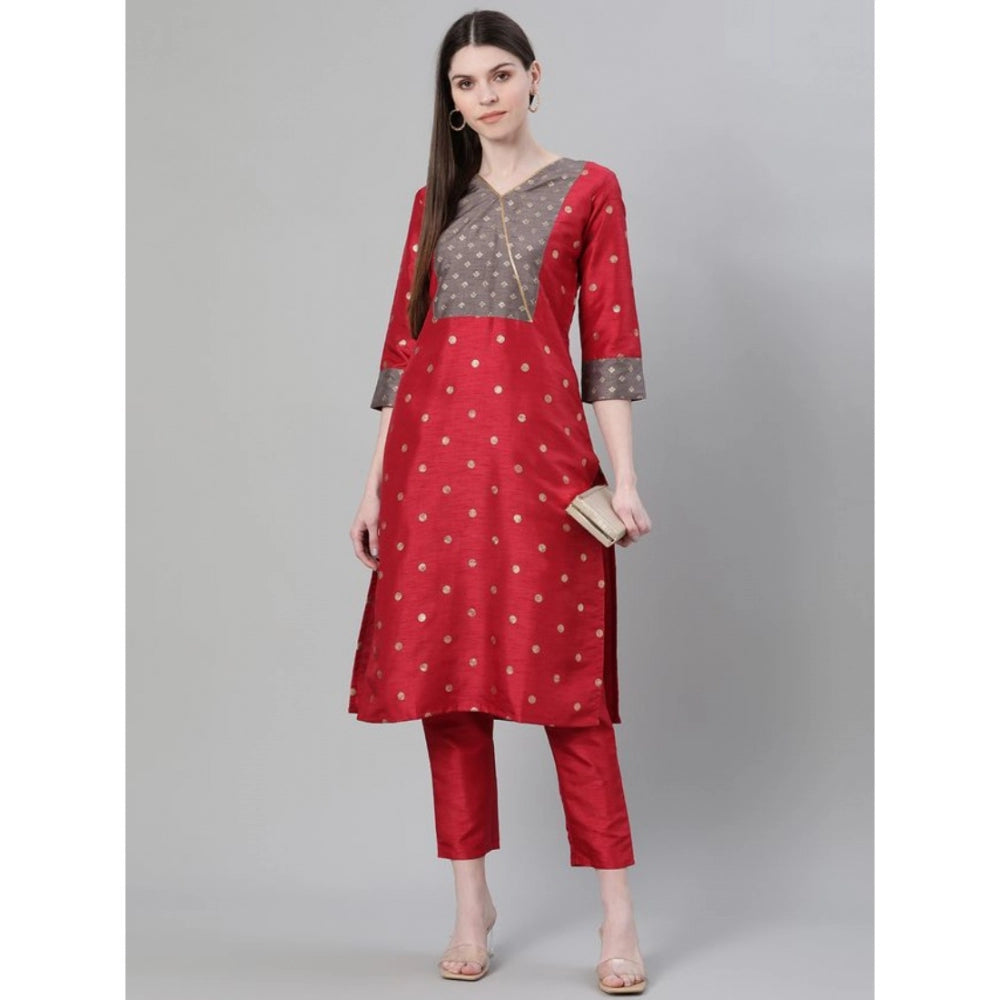 Shopper Beast Women's Casual 3-4Th Sleeve Ethnic Motifs Poly Silk Kurti And Pant Set (Red)