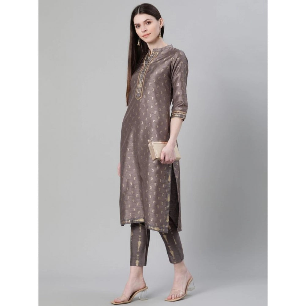 Shopper Beast Women's Casual 3-4Th Sleeve Ethnic Motifs Poly Silk Kurti And Pant Set (Grey)