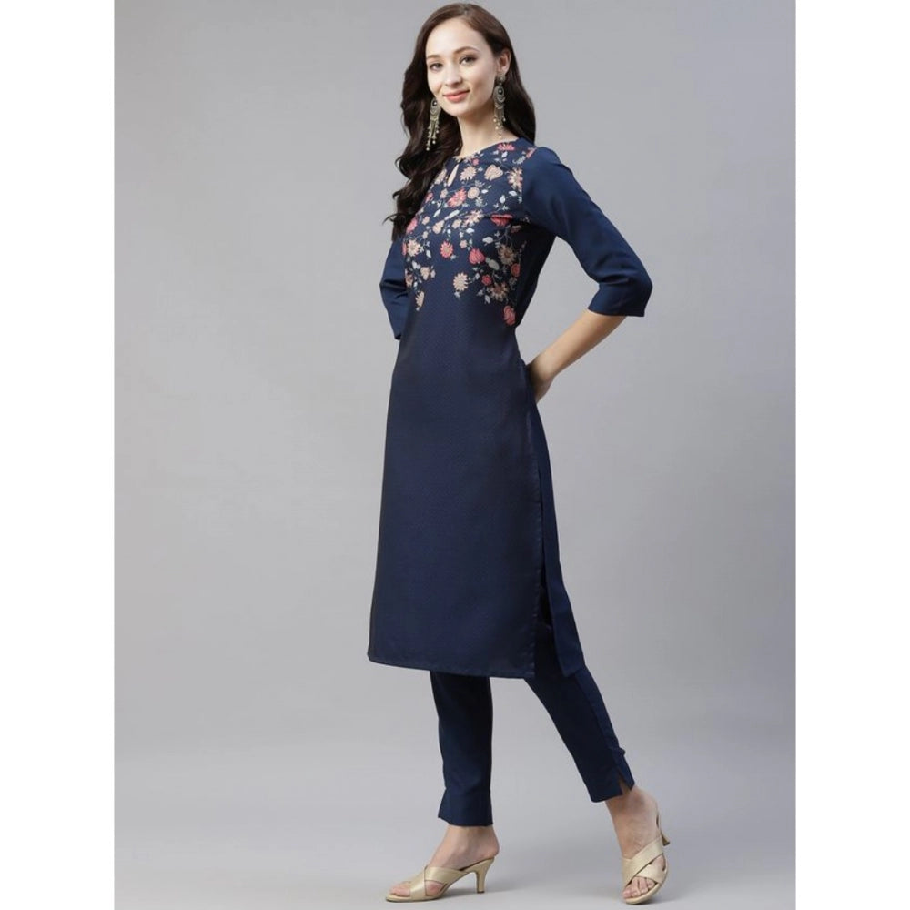 Shopper Beast Women's Casual 3-4Th Sleeve Floral Printed Rayon Kurti And Pant Set (Navy Blue)