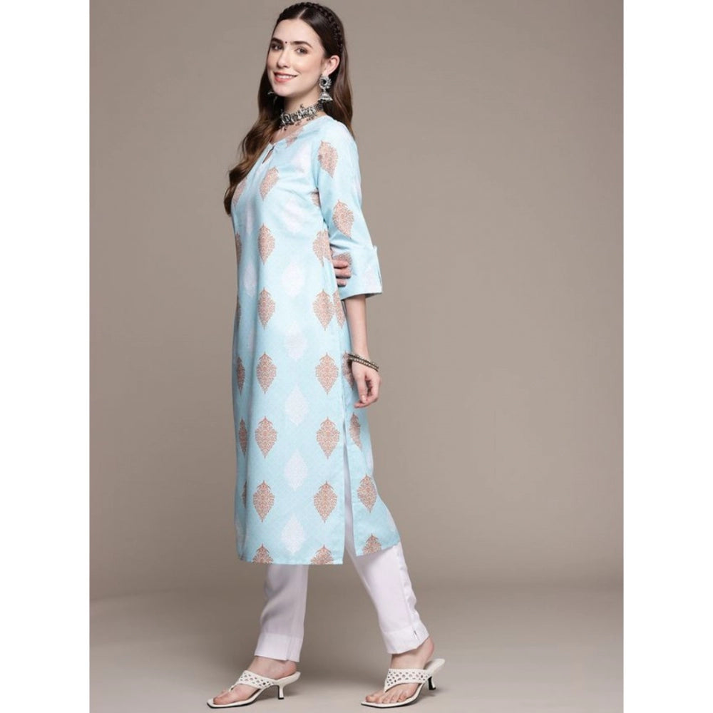 Shopper Beast Women's Casual 3-4Th Sleeve Ethnic Motifs Rayon Kurti And Pant Set (Sky Blue)