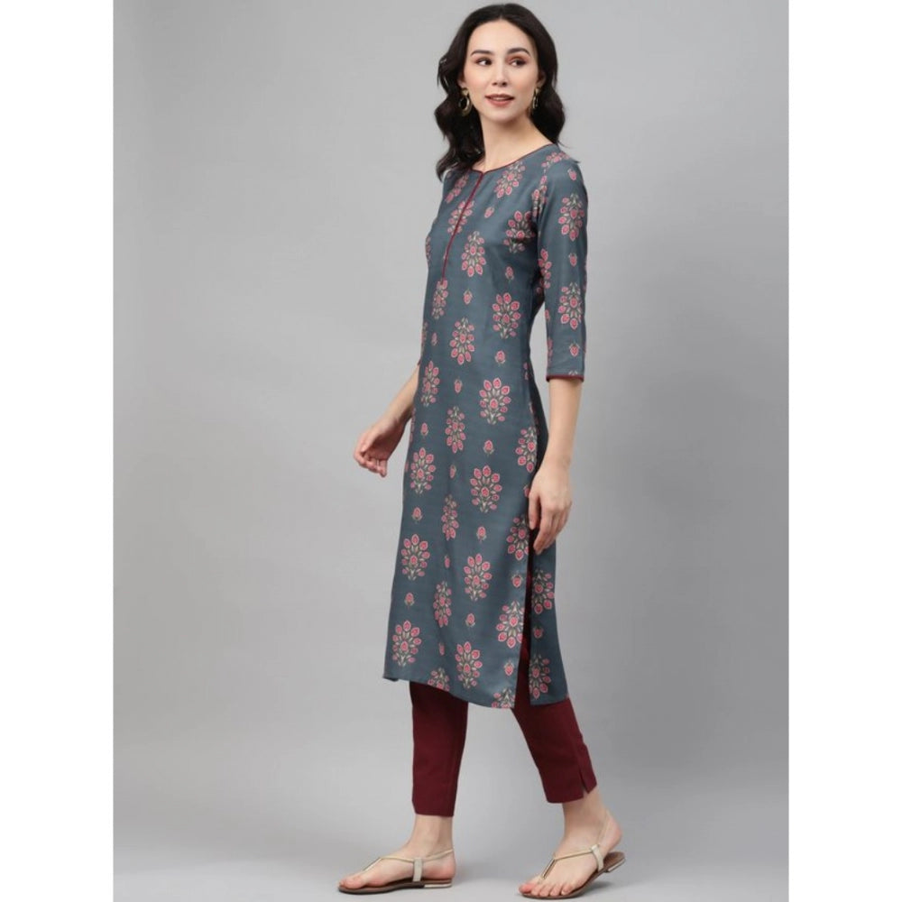 Shopper Beast Women's Casual 3-4Th Sleeve Floral Printed Rayon Kurti And Pant Set (Grey)