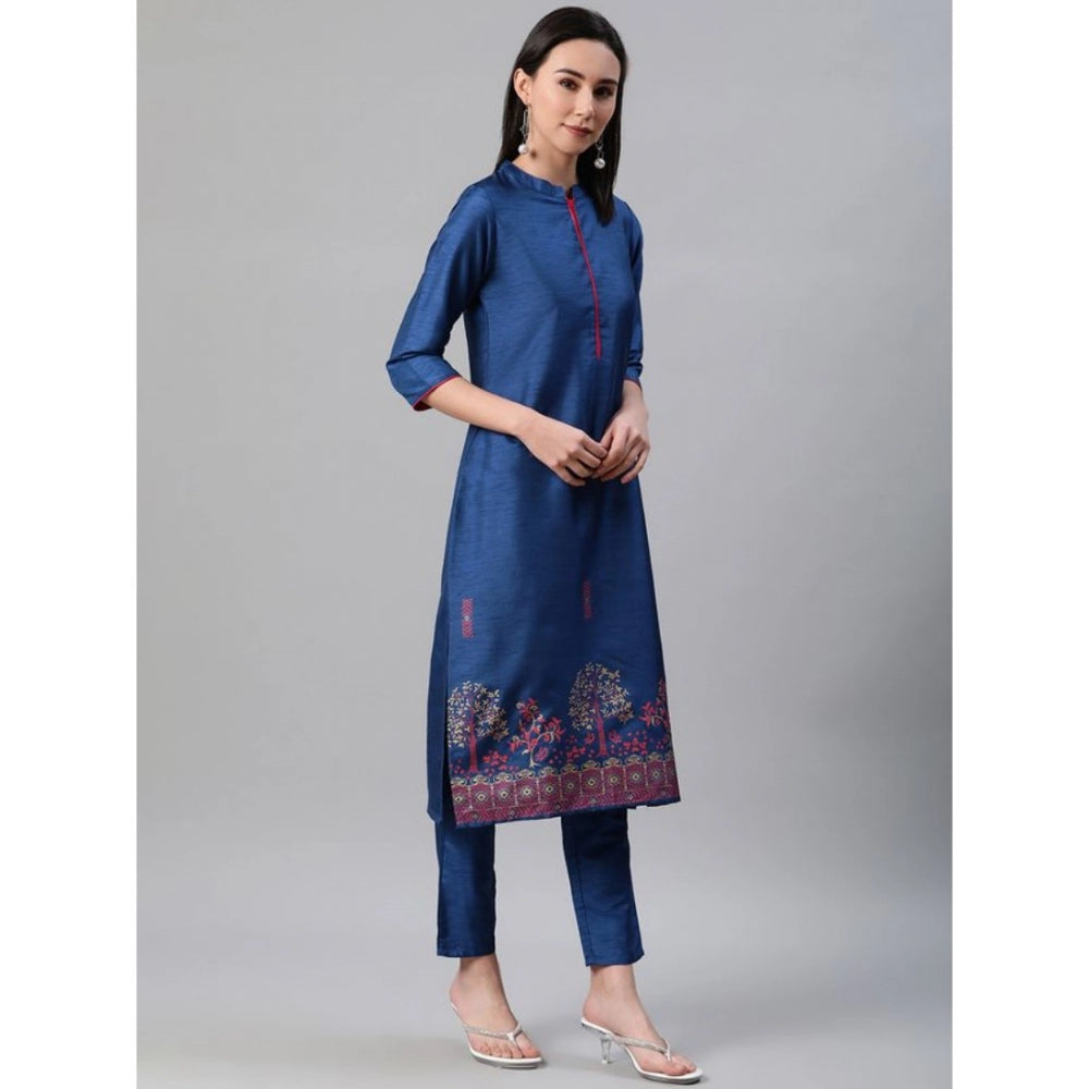 Shopper Beast Women's Casual 3-4Th Sleeve Floral Printed Poly Silk Kurti Pant And Dupatta Set (Blue)