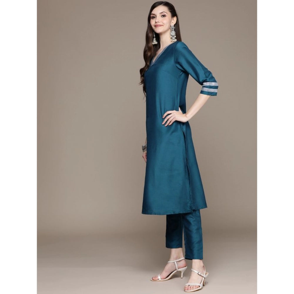 Shopper Beast Women's Casual 3-4Th Sleeve Mughal Stripe Design Chinon Kurti Pant And Dupatta Set (Teal Blue)