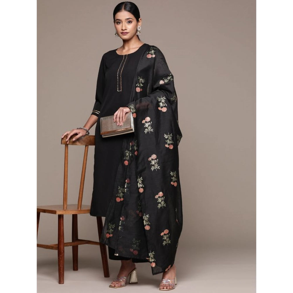 Shopper Beast Women's Casual 3-4Th Sleeve Ethnic Motifs Crepe Kurti Palazzo And Dupatta Set (Black)