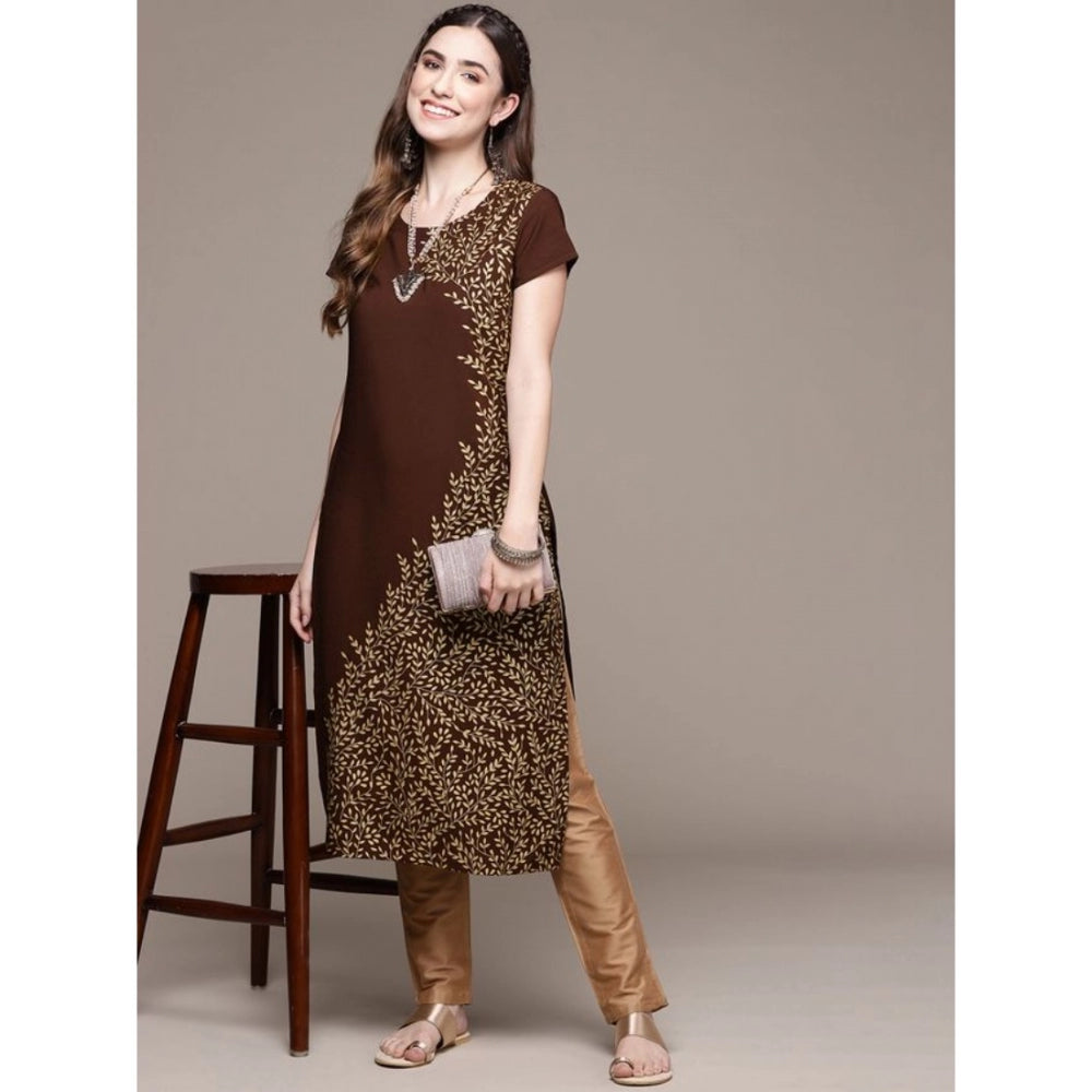 Shopper Beast Women's Casual Short Sleeves Floral Printed Crepe Kurti (Brown)