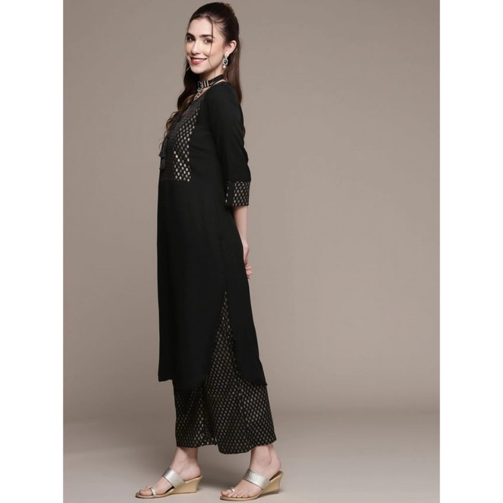 Shopper Beast Women's Casual Full Sleeve Ethnic Motifs Crepe Kurti and Palazzo Set (Black)