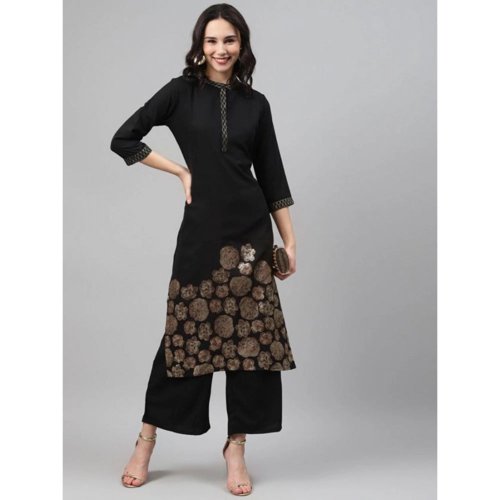 Shopper Beast Women's Casual 3-4Th Sleeve Ethnic Motifs Crepe Kurti And Palazzo Set (Black)