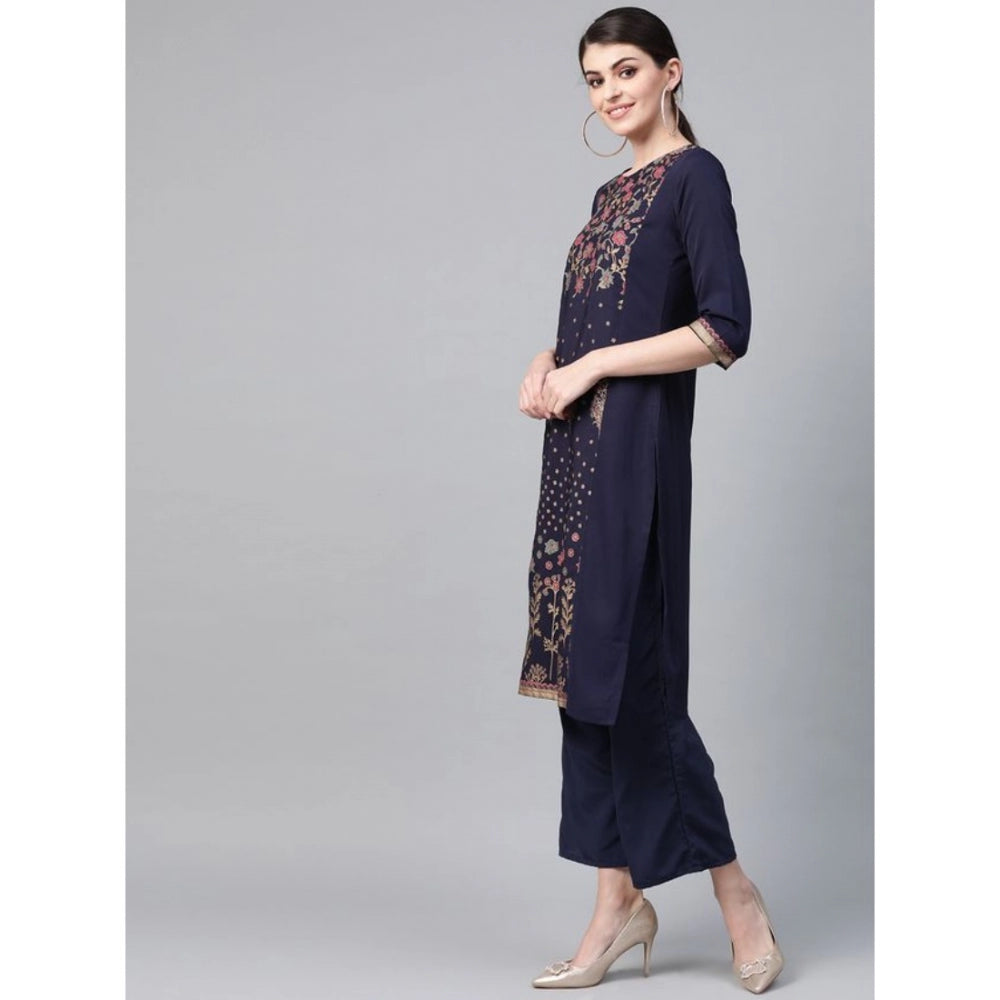 Shopper Beast Women's Casual 3-4Th Sleeve Floral Printed Crepe Kurti And Palazzo Set (Navy Blue)