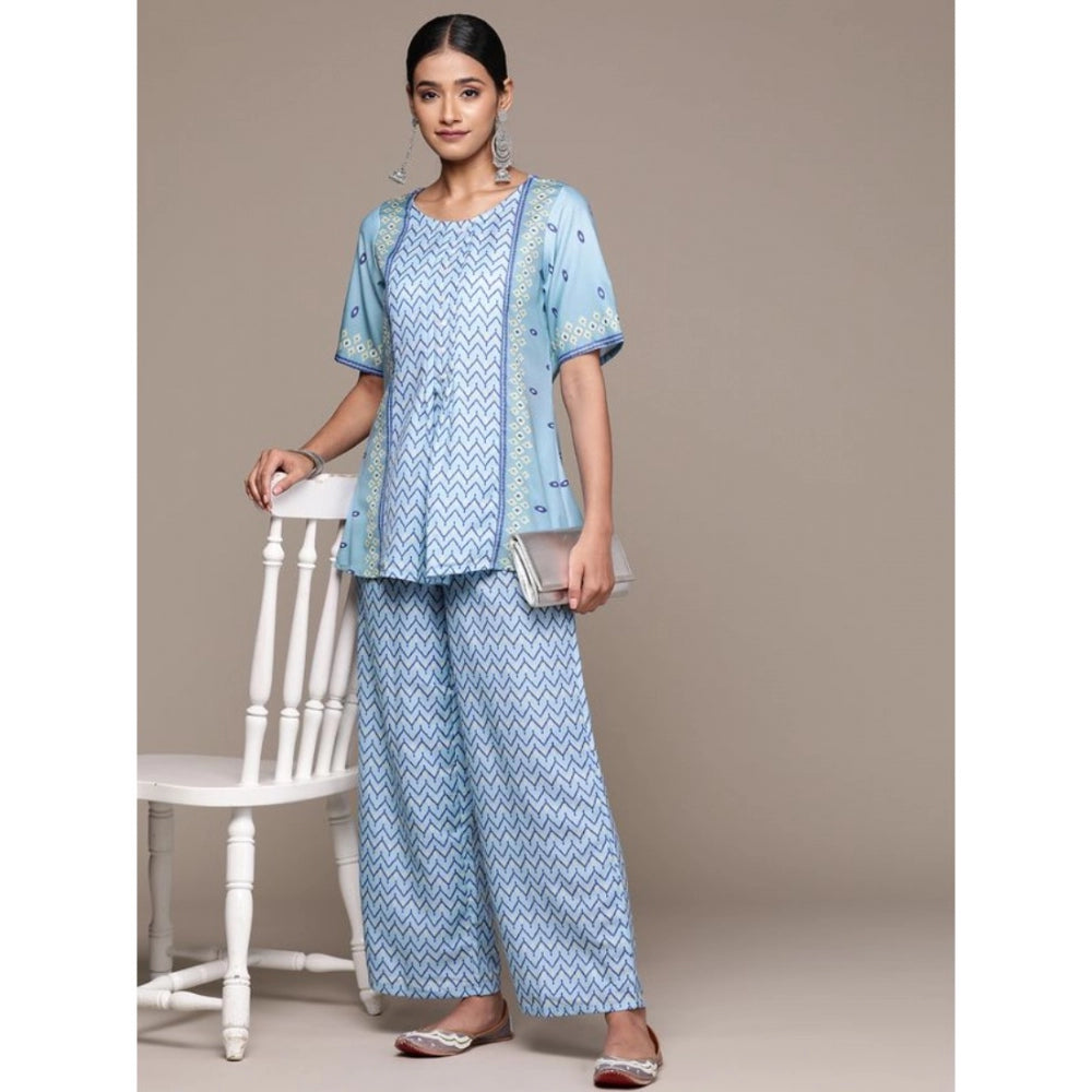 Shopper Beast Women's Casual Half Sleeve Geometric Rayon Kurti And Palazzo Set (Sky Blue)