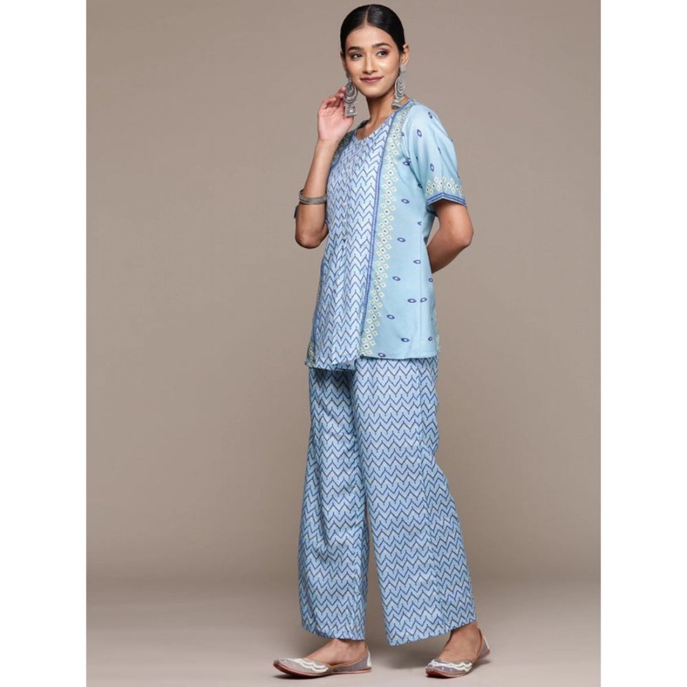 Shopper Beast Women's Casual Half Sleeve Geometric Rayon Kurti And Palazzo Set (Sky Blue)