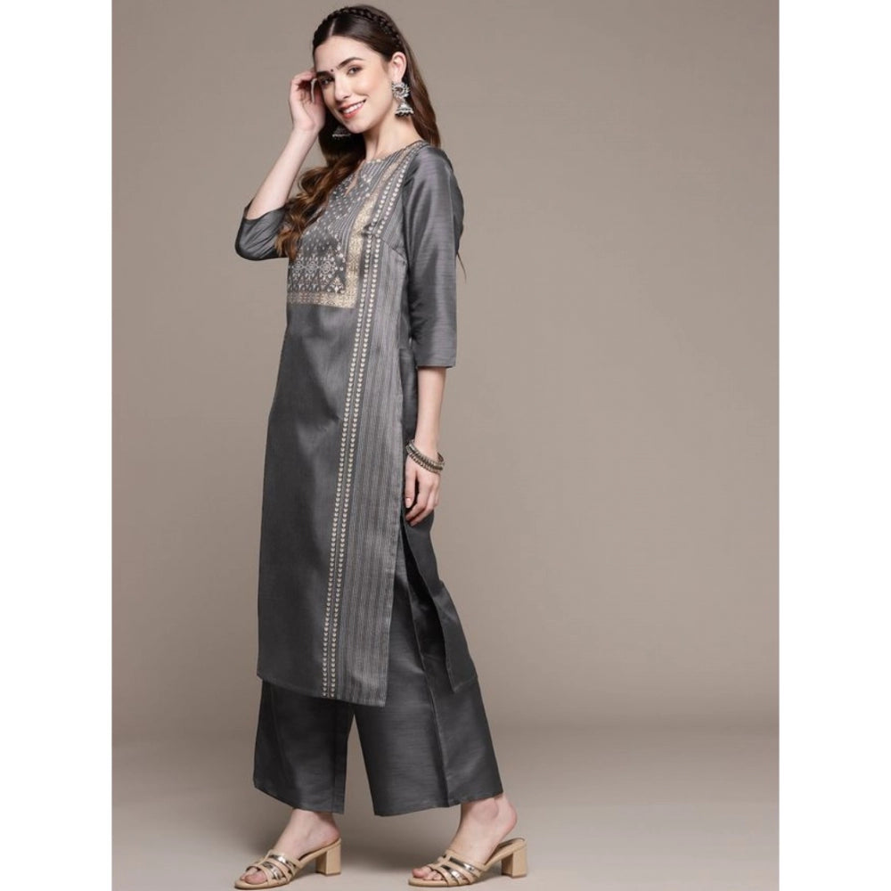 Shopper Beast Women's Casual 3-4Th Sleeve Ethnic Motifs Poly Silk Kurti And Palazzo Set (Dark Grey)