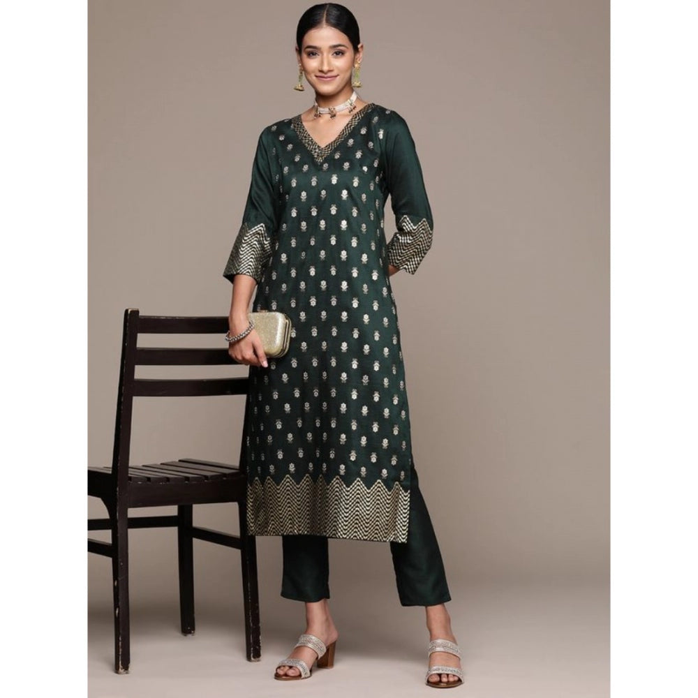 Shopper Beast Women's Casual 3-4Th Sleeve Floral Printed Chinon Kurti And Pant Set (Bottle Green)