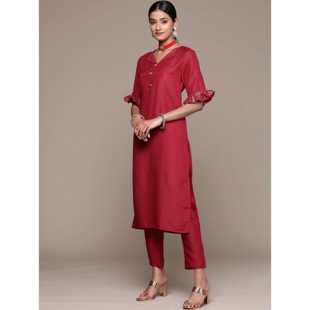 Shopper Beast Women's Casual Half Sleeve Solid Chinon Kurti and Pant Set (Maroon)