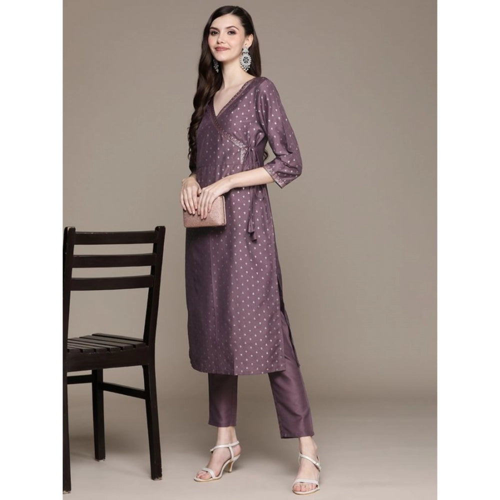 Shopper Beast Women's Casual 3-4Th Sleeve Small Butti Chinon Kurti And Pant Set (Purple)