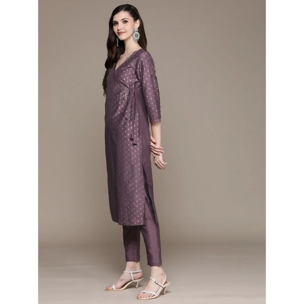 Shopper Beast Women's Casual 3-4Th Sleeve Small Butti Chinon Kurti And Pant Set (Purple)