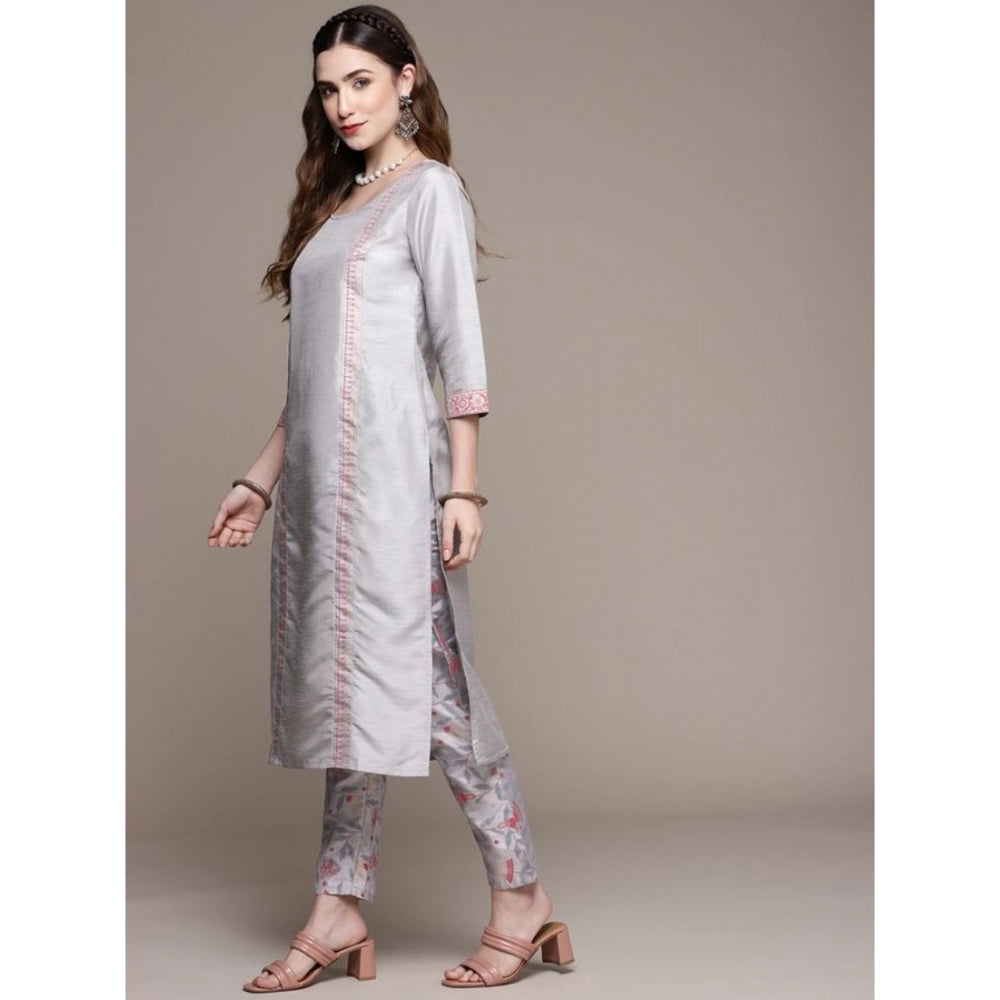 Shopper Beast Women's Casual 3-4Th Sleeve Geometric Poly Silk Kurti and Pant Set (Light Grey)