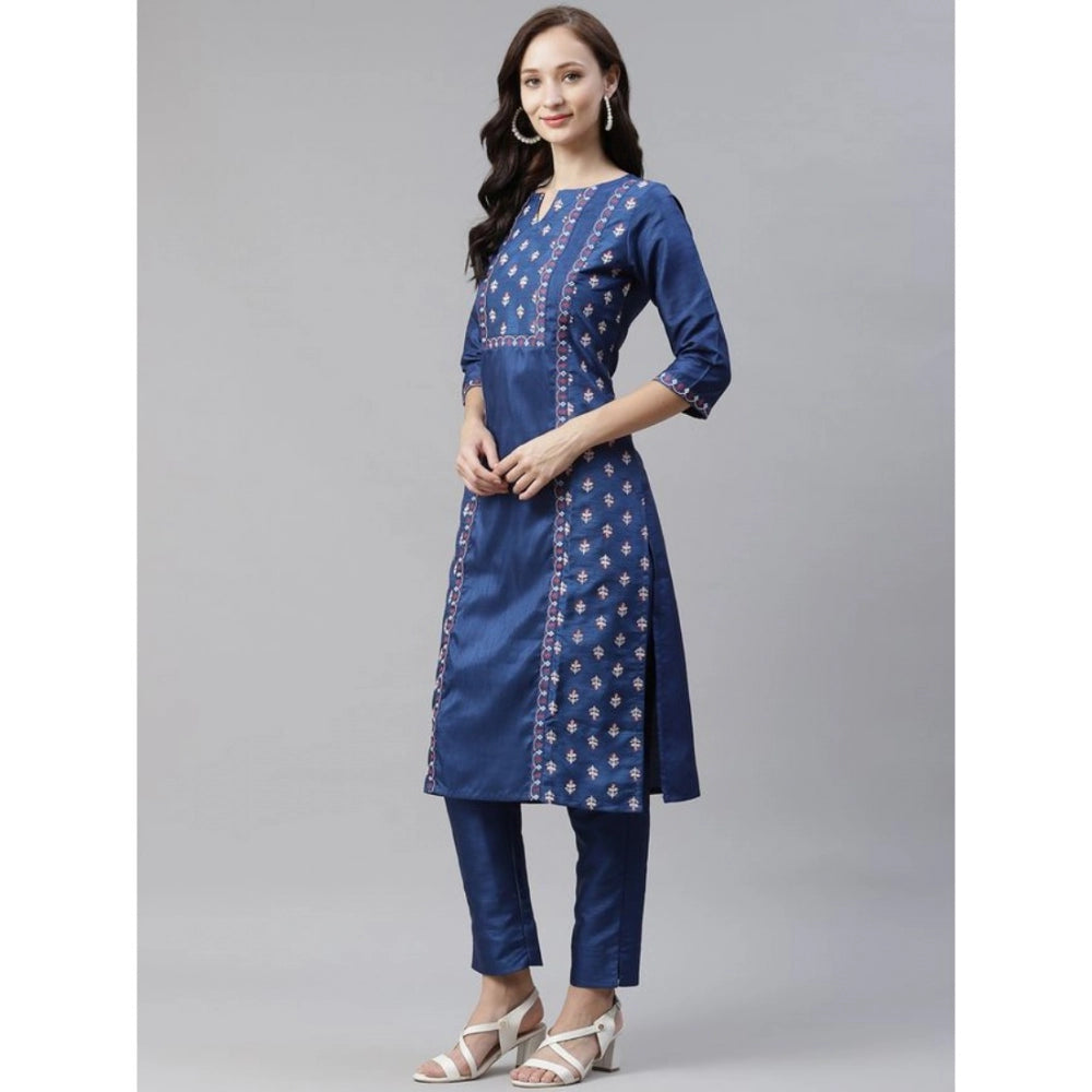 Shopper Beast Women's Casual 3-4Th Sleeve Floral Printed Poly Silk Kurti And Pant Set (Blue)