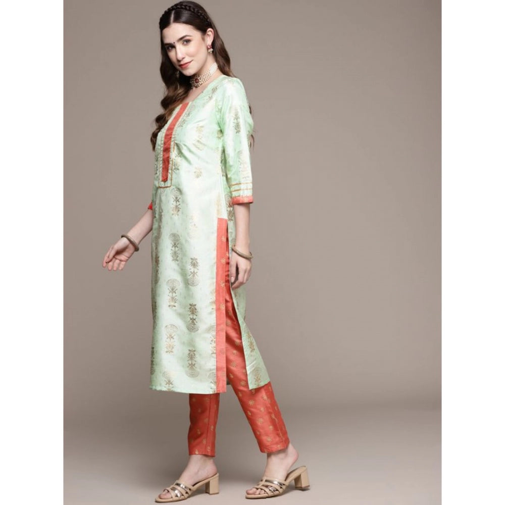 Shopper Beast Women's Casual 3-4Th Sleeve Floral Printed Poly Silk Kurti And Pant Set (Pista Green)