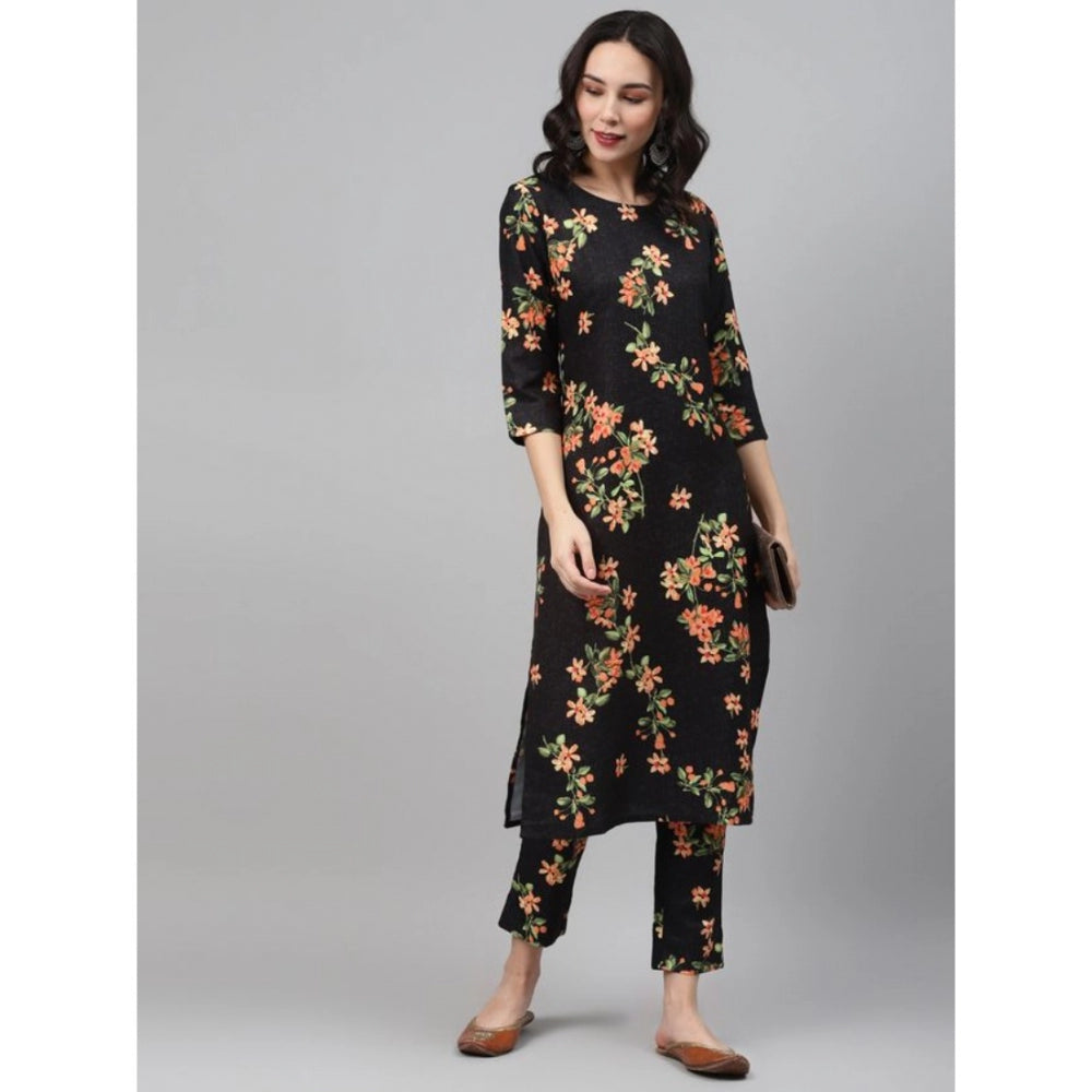 Shopper Beast Women's Casual 3-4Th Sleeve Floral Printed Rayon Kurti And Pant Set (Black)