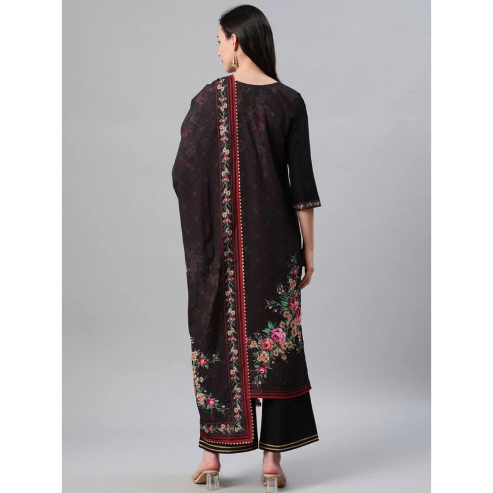 Shopper Beast Women's Casual 3-4Th Sleeve Floral Printed Crepe KurtiPalazzo And Dupatta Set (Black)