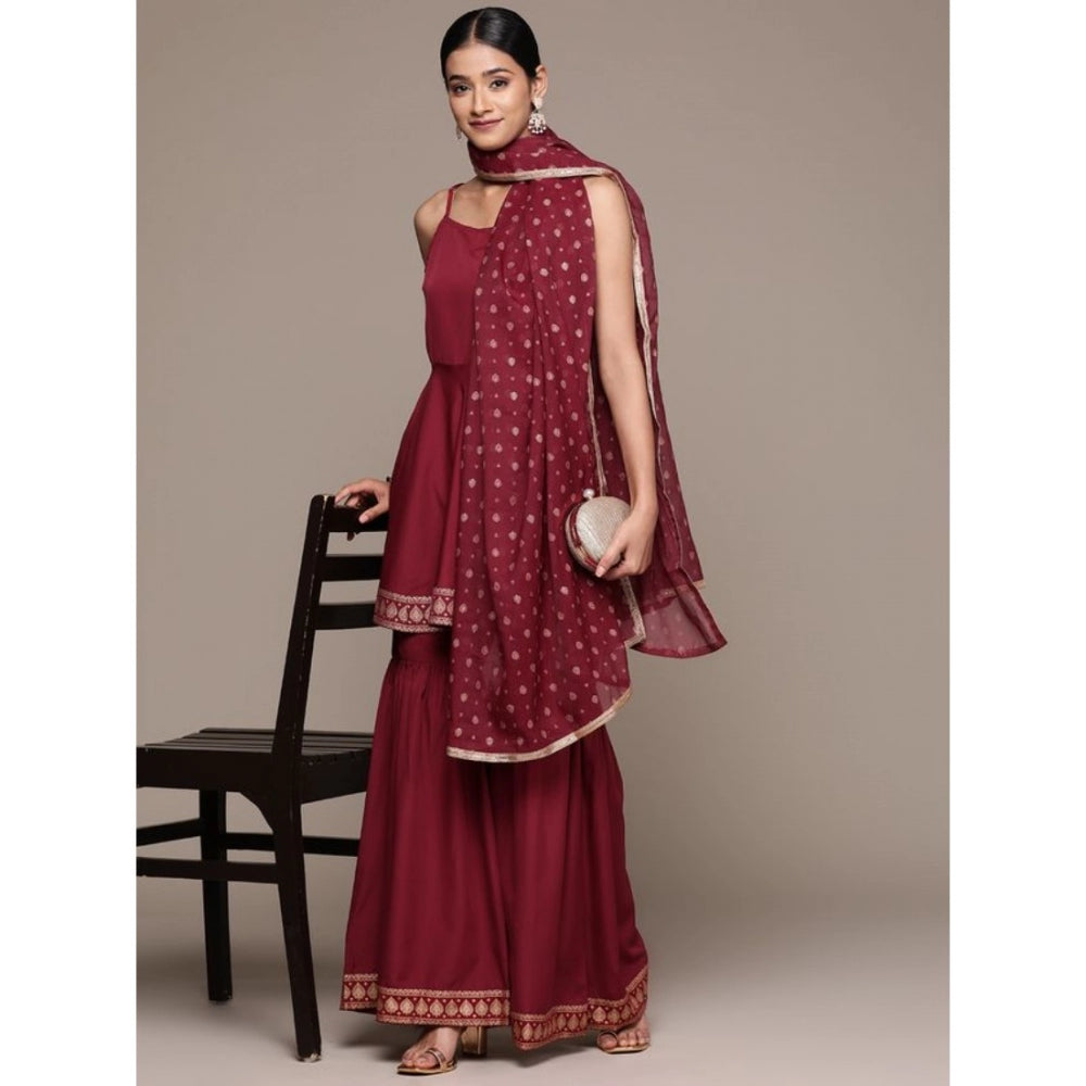 Shopper Beast Women's Casual Sleeveless Ethnic Motifs Crepe Kurti Sharara And Dupatta Set (Maroon)