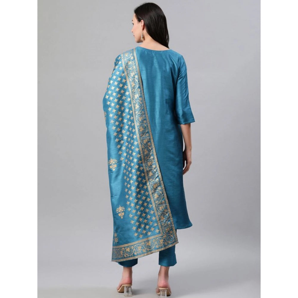 Shopper Beast Women's Casual 3-4Th Sleeve Ethnic Motifs Poly Silk Kurti Pant And Dupatta Set (Blue)