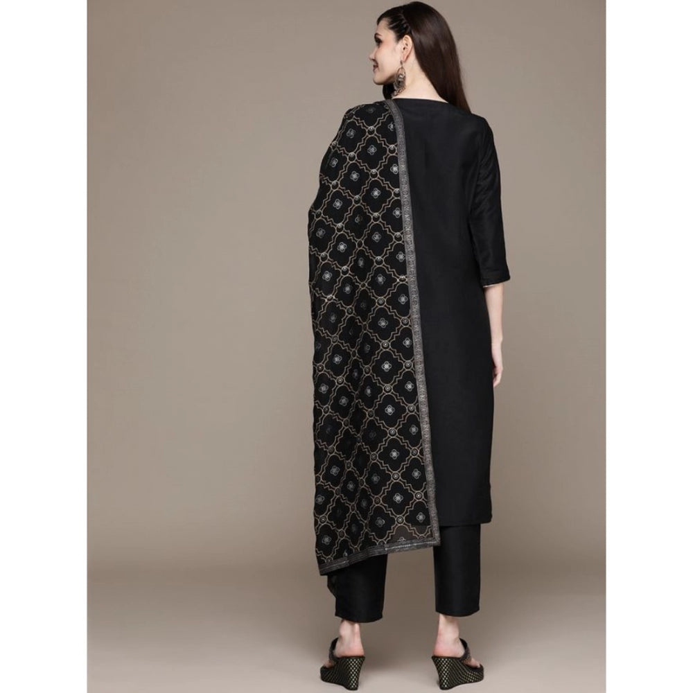 Shopper Beast Women's Casual 3-4Th Sleeve Border Crepe Kurti Pant And Dupatta Set (Black)