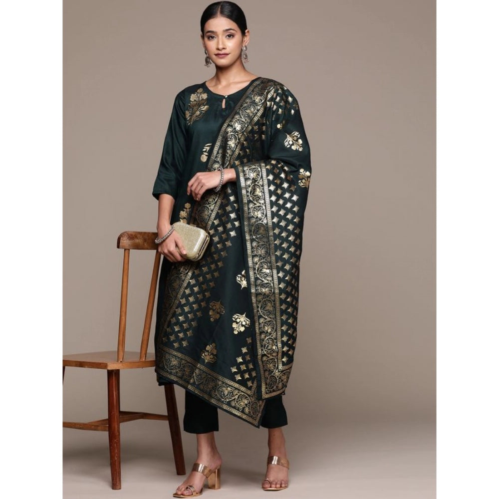 Shopper Beast Women's Casual 3-4Th Sleeve Ethnic Motifs Chinon Kurti Pant And Dupatta Set (Bottle Green)