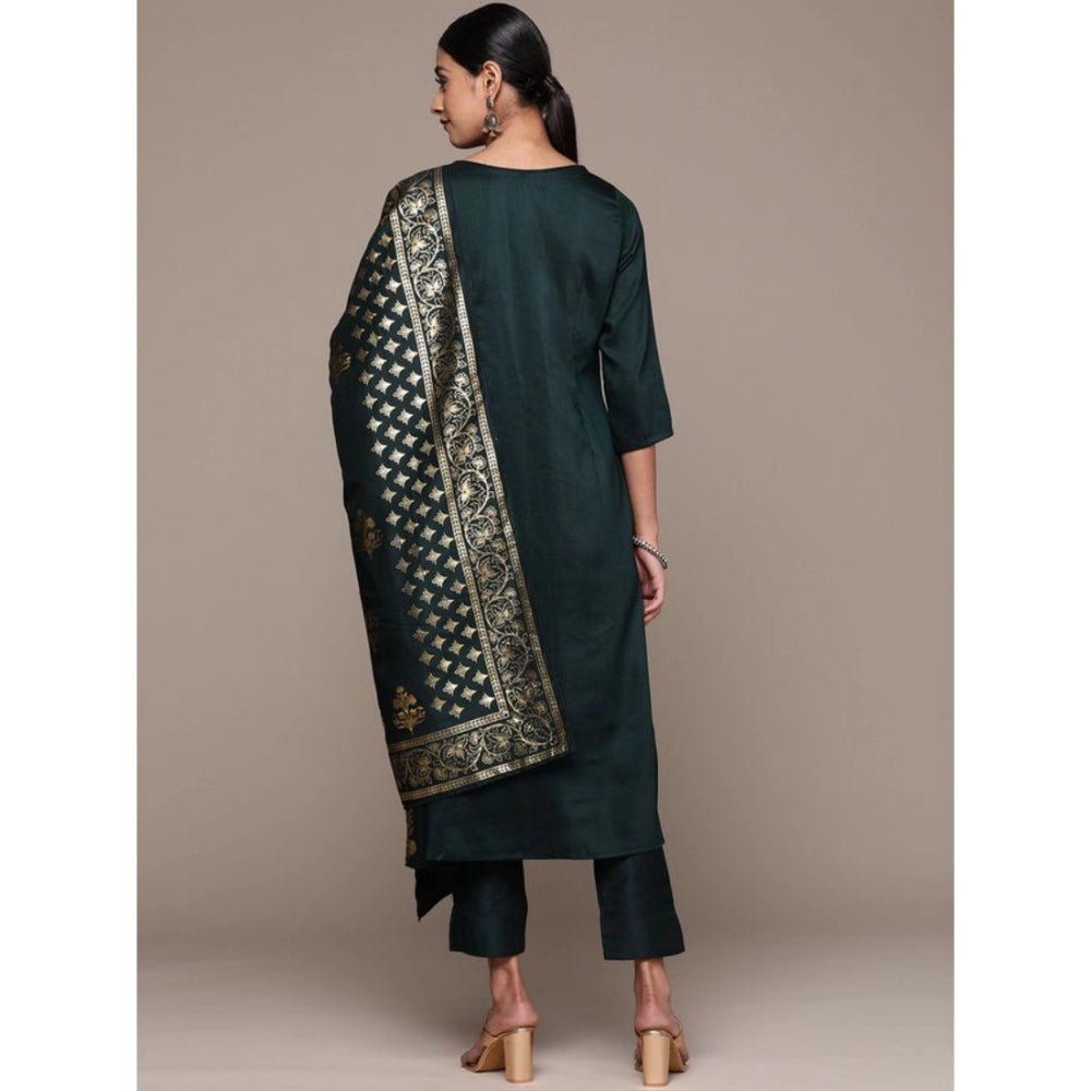 Shopper Beast Women's Casual 3-4Th Sleeve Ethnic Motifs Chinon Kurti Pant And Dupatta Set (Bottle Green)