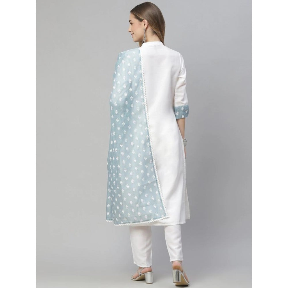 Shopper Beast Women's Casual 3-4Th Sleeve Solid Chinon Kurti Pant And Dupatta Set (White)