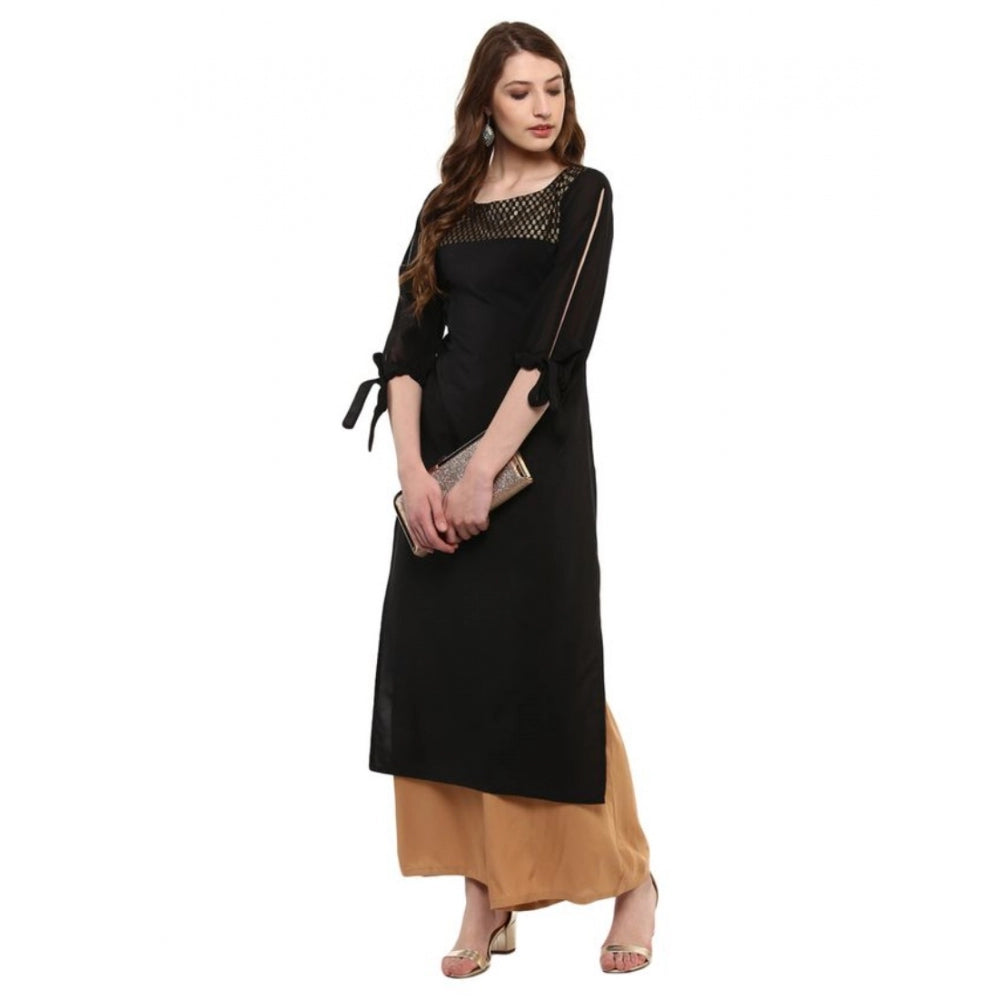 Shopper Beast Women's Casual 3-4Th Sleeve Solid Crepe Kurti (Black)