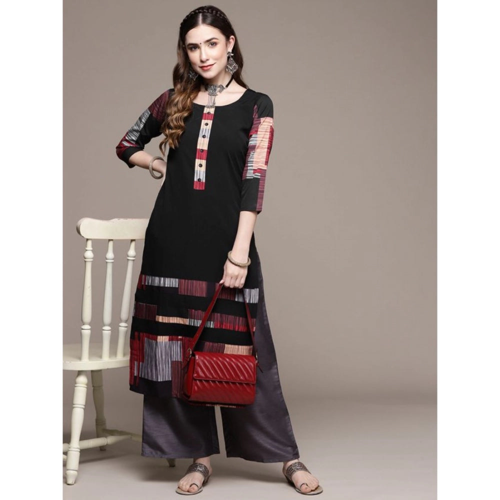 Shopper Beast Women's Casual 3-4Th Sleeve Ethnic Motifs Crepe Kurti (Black)