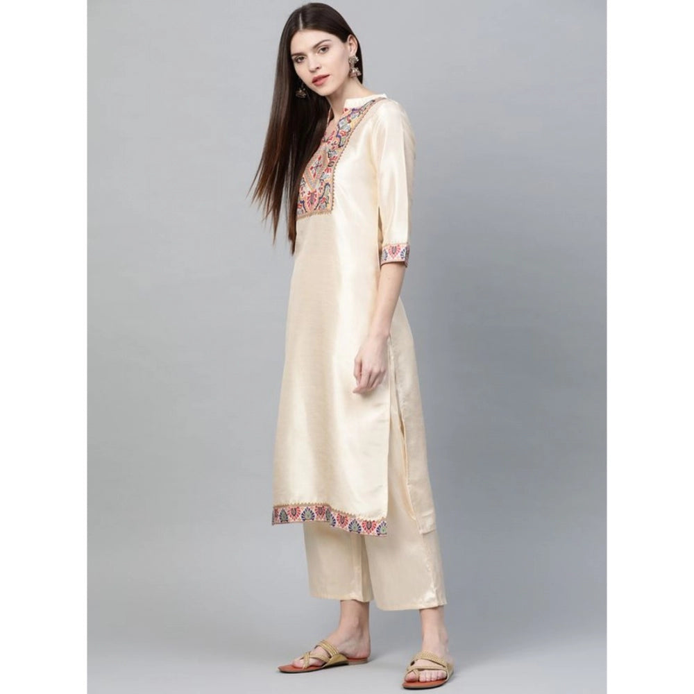 Shopper Beast Women's Casual 3-4Th Sleeve Ethnic Motifs Poly Silk Kurti and Palazzo Set (Cream)