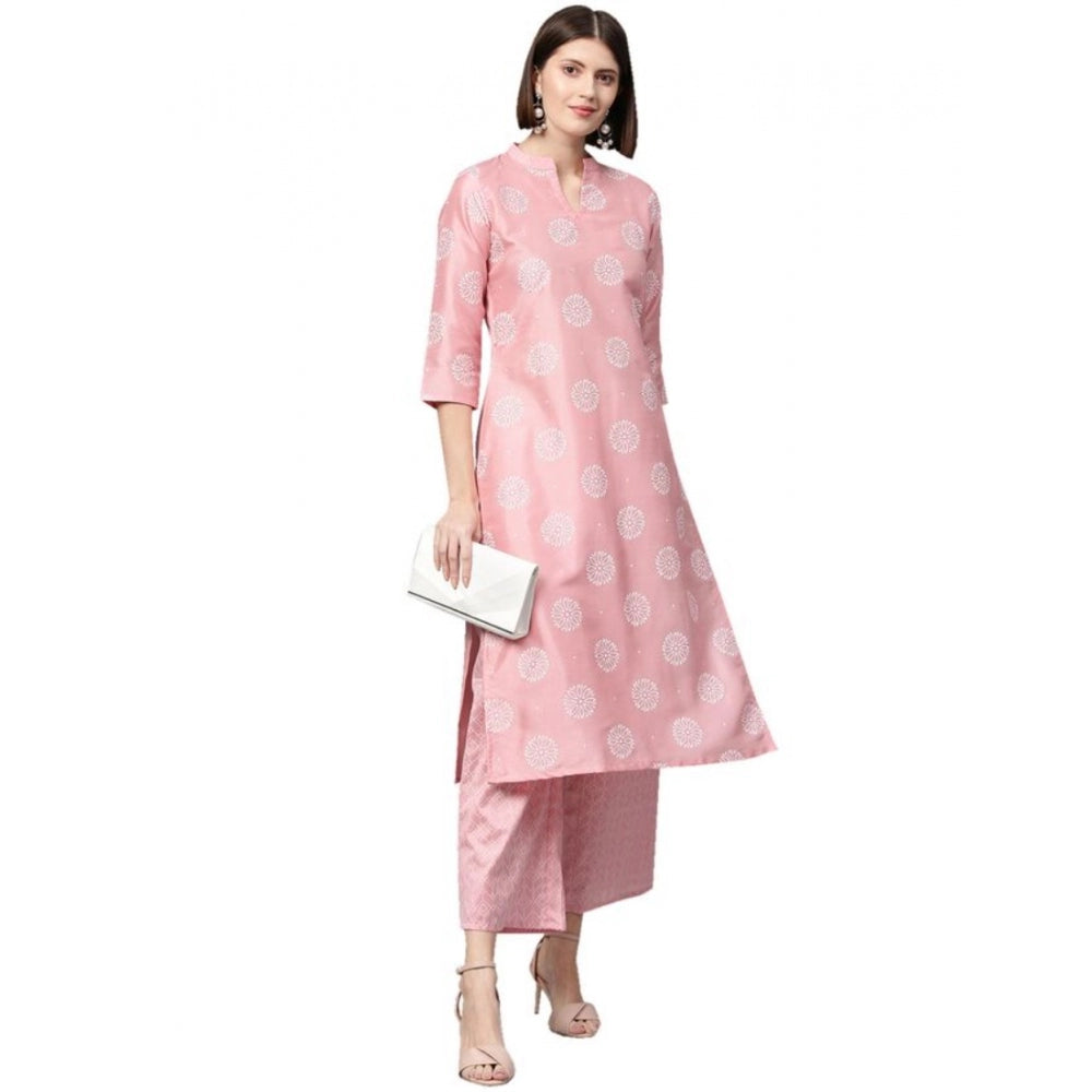 Shopper Beast Women's Casual 3-4Th Sleeve Floral Printed Poly Silk Kurti And Palazzo Set (Pink)