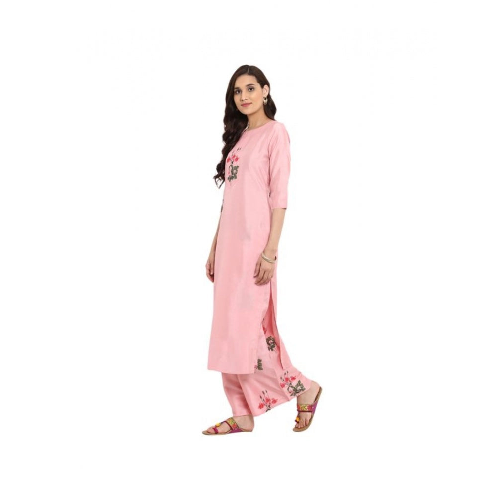 Shopper Beast Women's Casual 3-4Th Sleeve Floral Printed Poly Silk Kurti and Palazzo Set (Pink)