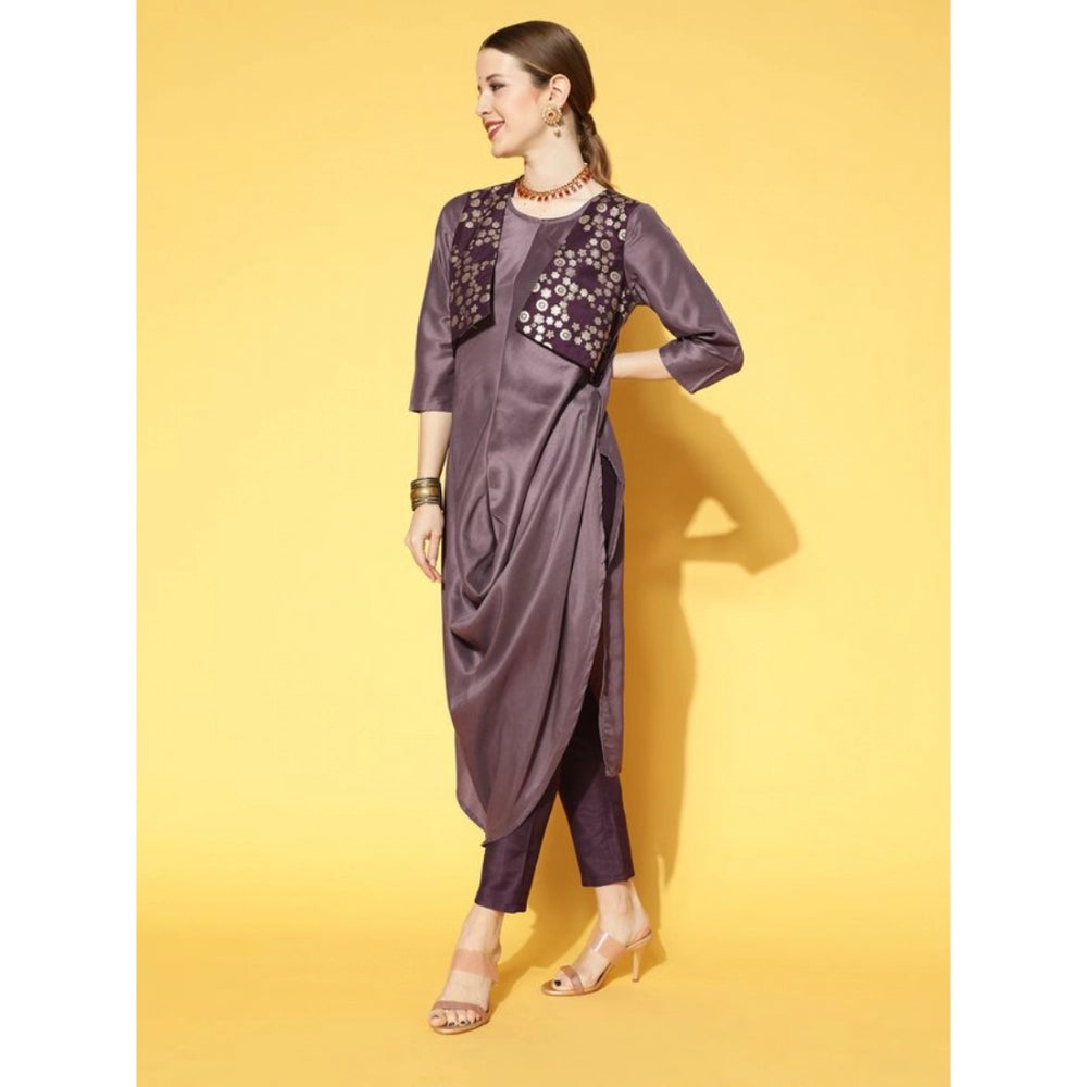 Shopper Beast Women's Casual 3-4Th Sleeve Solid Chinon Kurti And Pant Set (Purple)