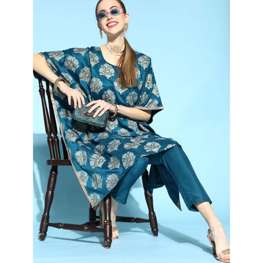 Shopper Beast Women's Casual 3-4Th Sleeve Floral Printed Chinon Kurti And Pant Set (Teal)