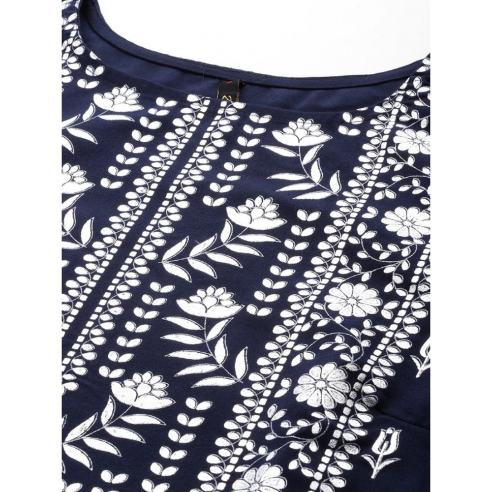 Shopper Beast Women's Casual 3-4Th Sleeve Floral Printed Rayon Kurti and Palazzo Set (Navy Blue)