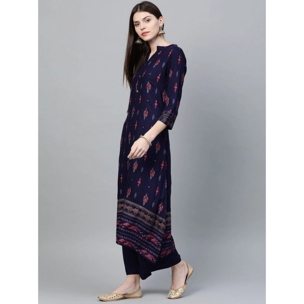 Shopper Beast Women's Casual 3-4Th Sleeve Ikkat Rayon Kurti and Palazzo Set (Navy Blue)