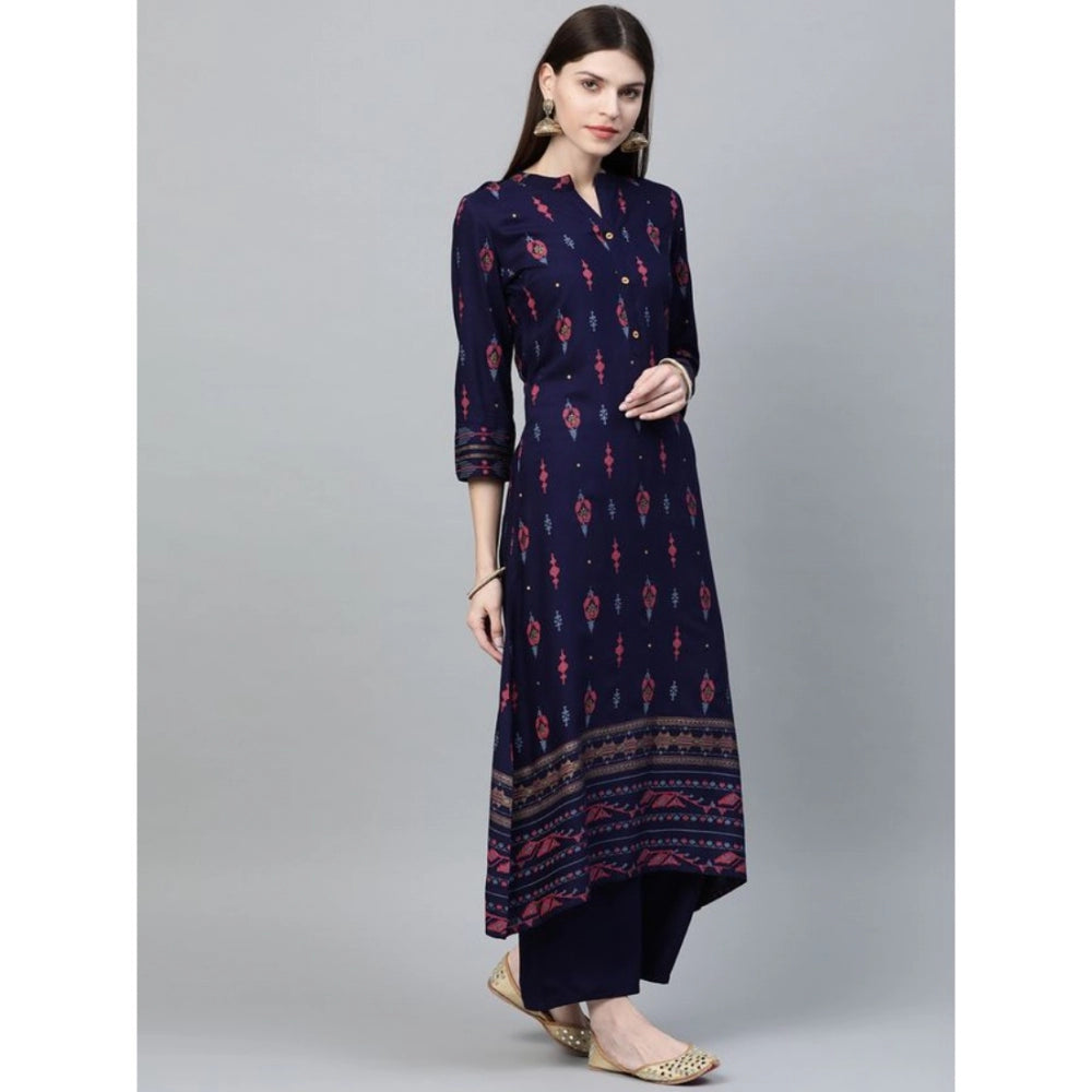 Shopper Beast Women's Casual 3-4Th Sleeve Ikkat Rayon Kurti and Palazzo Set (Navy Blue)