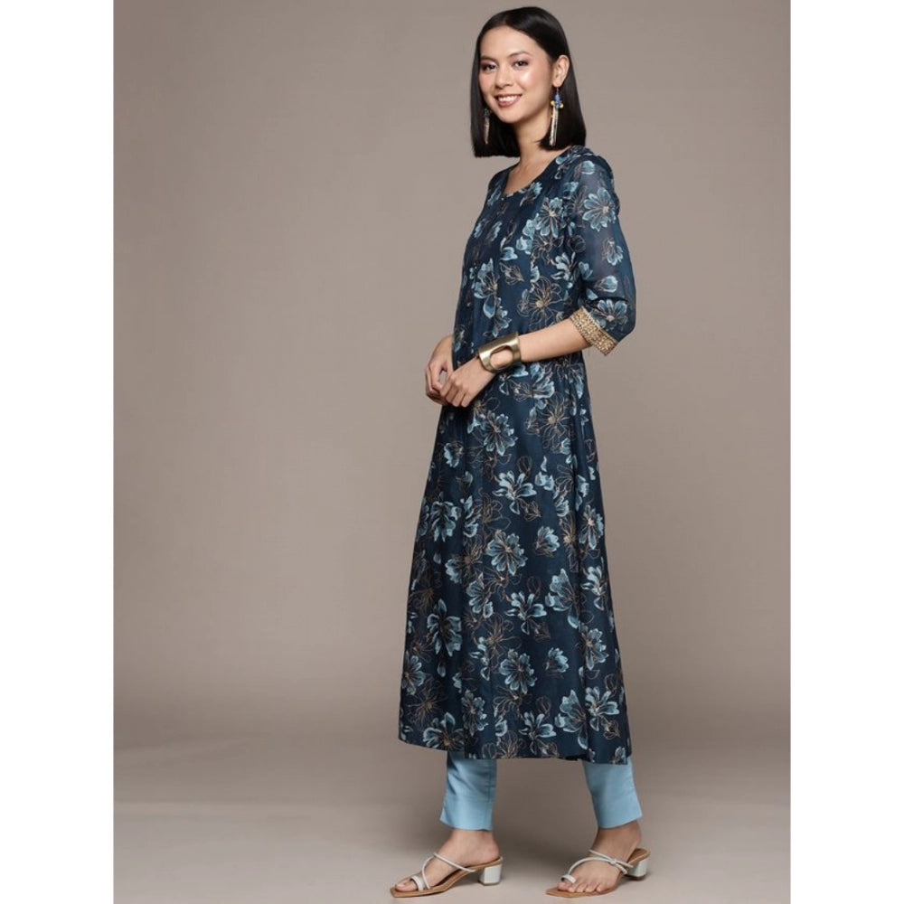 Shopper Beast Women's Casual 3-4Th Sleeve Floral Printed Chanderi Cotton Kurti And Pant Set (Navy Blue)