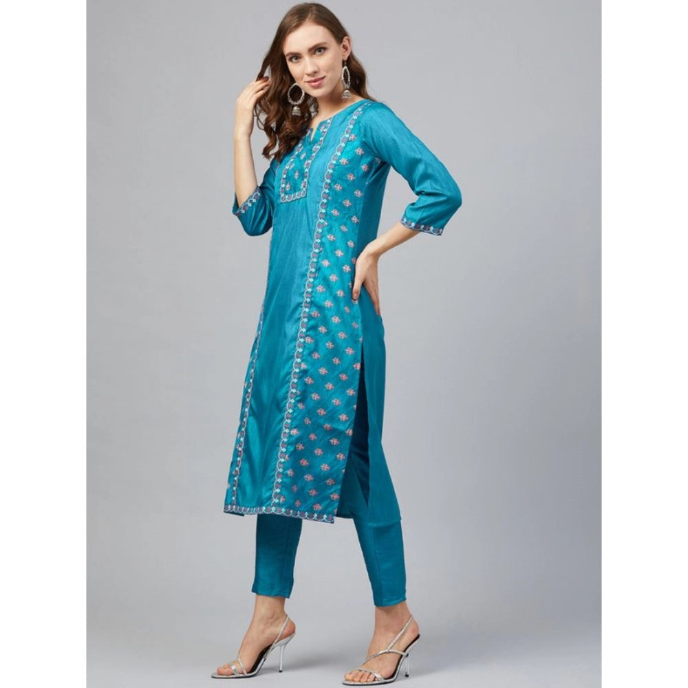 Shopper Beast Women's Casual 3-4Th Sleeve Floral Printed Poly Silk Kurti and Pant Set (Blue)