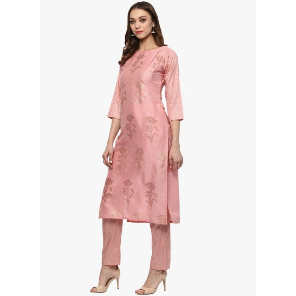 Shopper Beast Women's Casual 3-4Th Sleeve Floral Printed Poly Silk Kurti and Pant Set (Pink)