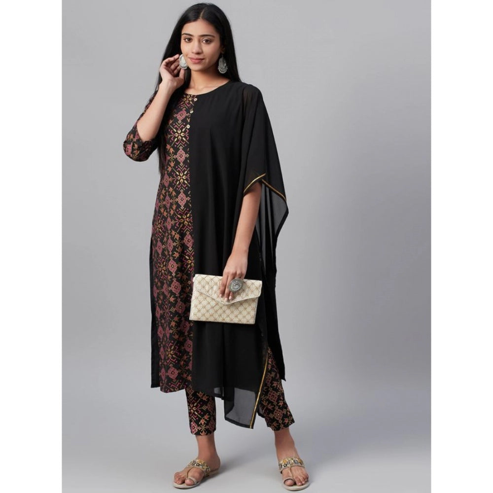 Shopper Beast Women's Casual Half Sleeve Ethnic Motifs Georgette &amp; Crepe Kurti and Pant Set (Black)