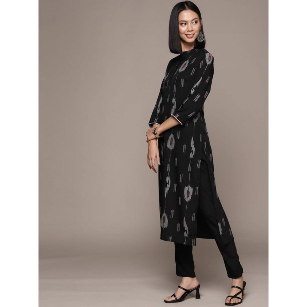 Shopper Beast Women's Casual 3-4Th Sleeve Ikkat Crepe Kurti And Pant Set (Black)