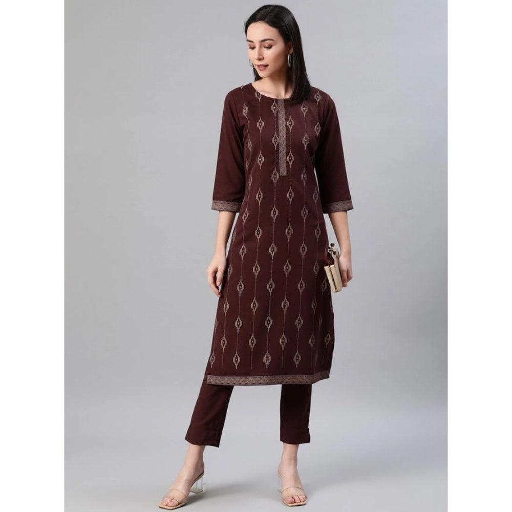 Shopper Beast Women's Casual 3-4Th Sleeve Ethnic Motifs Rayon Kurti And Pant Set (Brown)