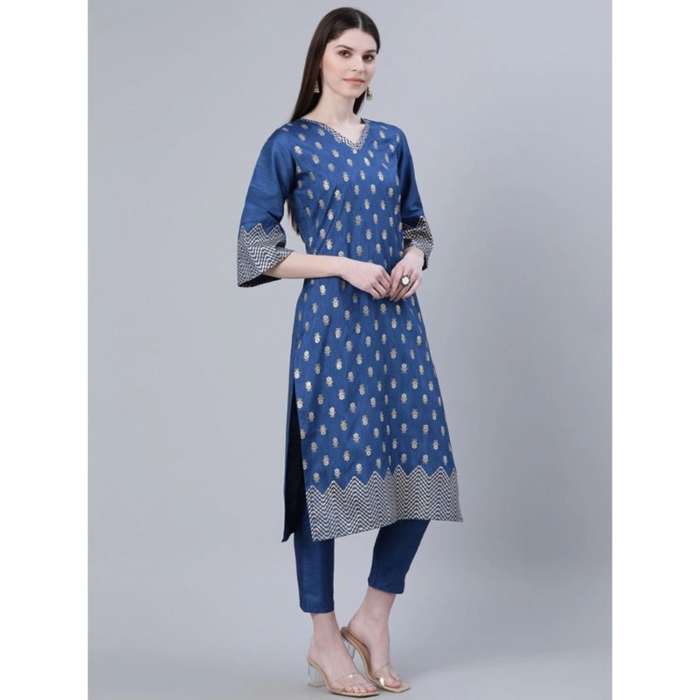 Shopper Beast Women's Casual 3-4Th Sleeve Floral Printed Poly Silk Kurti And Pant Set (Blue)