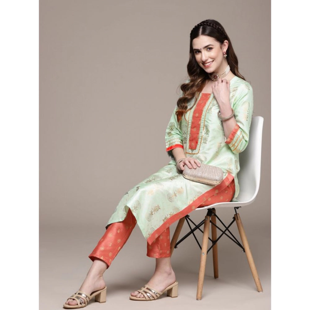 Shopper Beast Women's Casual 3-4Th Sleeve Floral Printed Poly Silk Kurti And Pant Set (Pista Green)