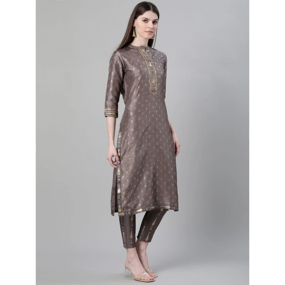 Shopper Beast Women's Casual 3-4Th Sleeve Ethnic Motifs Poly Silk Kurti And Pant Set (Grey)